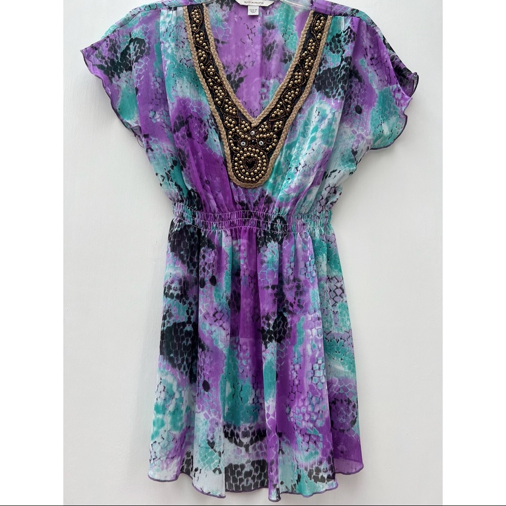 Boston Proper Snakeskin Print V neck Beaded Flutter Sleeves Purple Teal Blouse